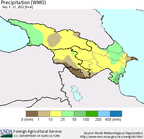 Azerbaijan, Armenia and Georgia Precipitation (WMO) Thematic Map For 9/5/2022 - 9/11/2022