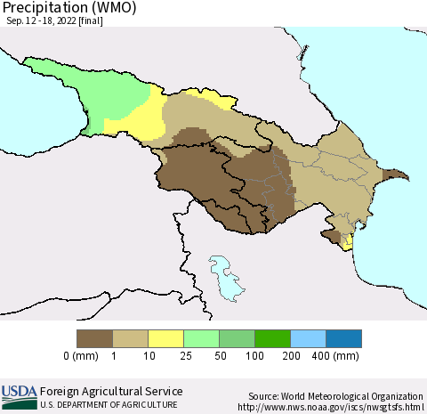Azerbaijan, Armenia and Georgia Precipitation (WMO) Thematic Map For 9/12/2022 - 9/18/2022