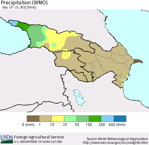 Azerbaijan, Armenia and Georgia Precipitation (WMO) Thematic Map For 9/19/2022 - 9/25/2022