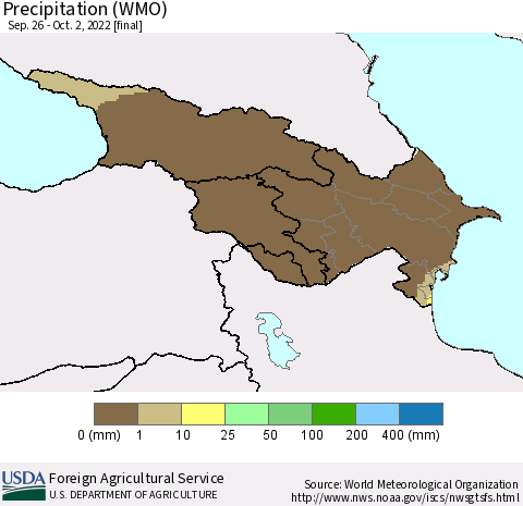 Azerbaijan, Armenia and Georgia Precipitation (WMO) Thematic Map For 9/26/2022 - 10/2/2022
