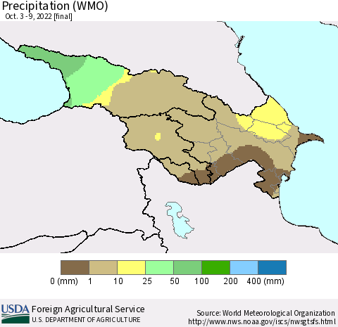 Azerbaijan, Armenia and Georgia Precipitation (WMO) Thematic Map For 10/3/2022 - 10/9/2022