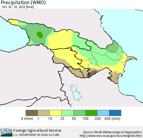 Azerbaijan, Armenia and Georgia Precipitation (WMO) Thematic Map For 10/10/2022 - 10/16/2022