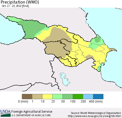 Azerbaijan, Armenia and Georgia Precipitation (WMO) Thematic Map For 10/17/2022 - 10/23/2022