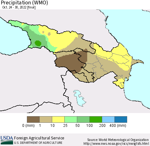 Azerbaijan, Armenia and Georgia Precipitation (WMO) Thematic Map For 10/24/2022 - 10/30/2022