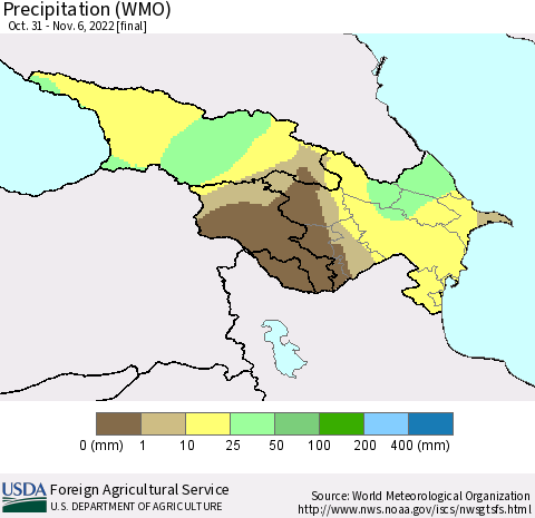 Azerbaijan, Armenia and Georgia Precipitation (WMO) Thematic Map For 10/31/2022 - 11/6/2022