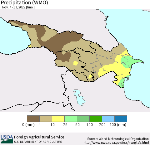 Azerbaijan, Armenia and Georgia Precipitation (WMO) Thematic Map For 11/7/2022 - 11/13/2022