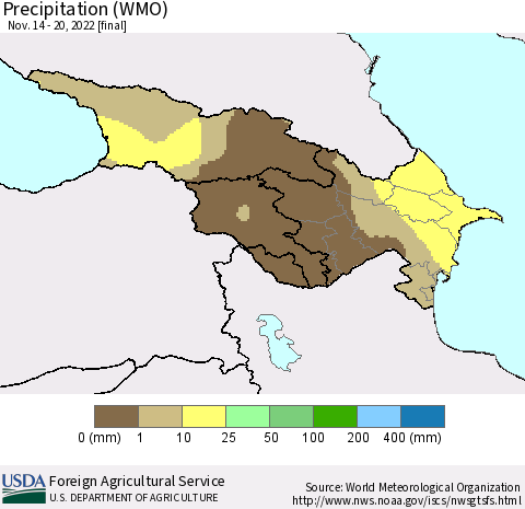 Azerbaijan, Armenia and Georgia Precipitation (WMO) Thematic Map For 11/14/2022 - 11/20/2022