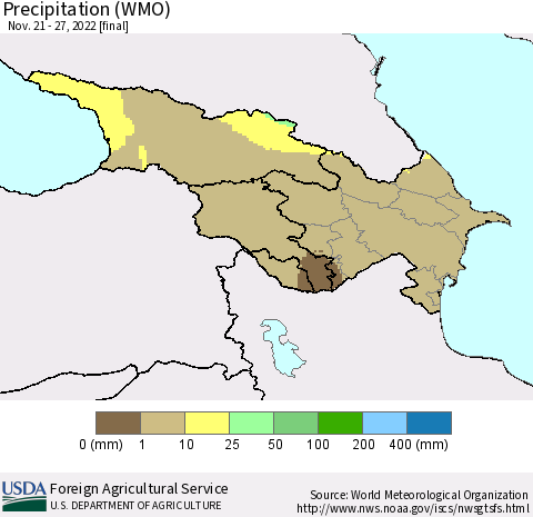 Azerbaijan, Armenia and Georgia Precipitation (WMO) Thematic Map For 11/21/2022 - 11/27/2022