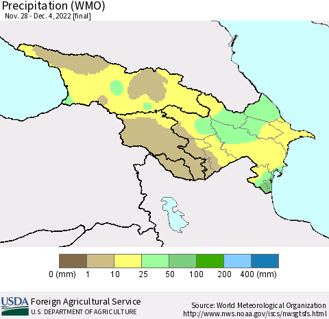 Azerbaijan, Armenia and Georgia Precipitation (WMO) Thematic Map For 11/28/2022 - 12/4/2022