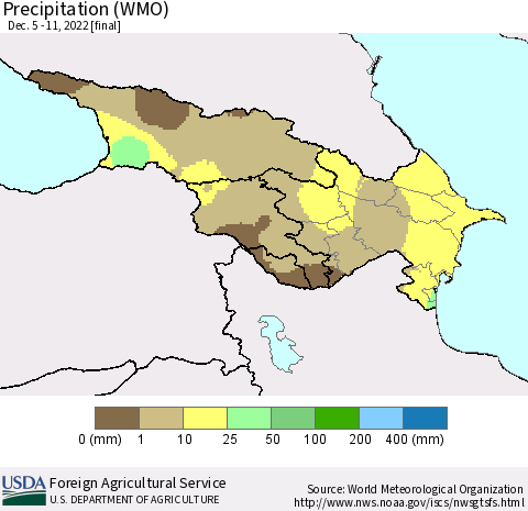 Azerbaijan, Armenia and Georgia Precipitation (WMO) Thematic Map For 12/5/2022 - 12/11/2022