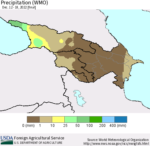 Azerbaijan, Armenia and Georgia Precipitation (WMO) Thematic Map For 12/12/2022 - 12/18/2022