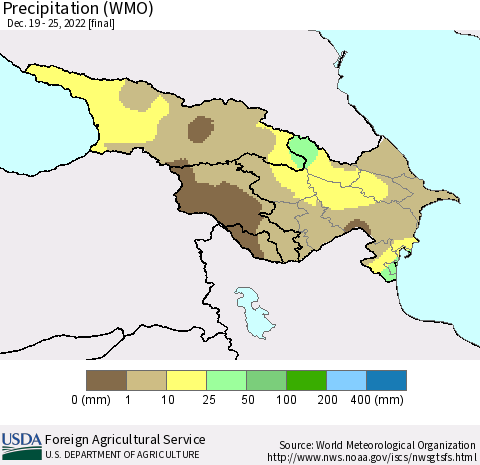 Azerbaijan, Armenia and Georgia Precipitation (WMO) Thematic Map For 12/19/2022 - 12/25/2022