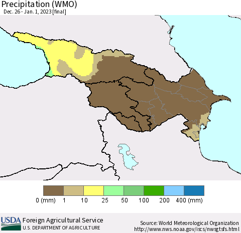 Azerbaijan, Armenia and Georgia Precipitation (WMO) Thematic Map For 12/26/2022 - 1/1/2023