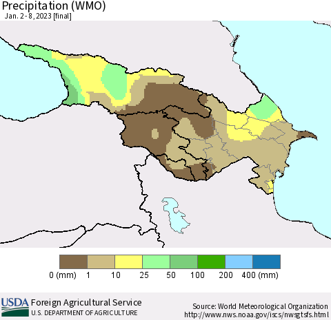 Azerbaijan, Armenia and Georgia Precipitation (WMO) Thematic Map For 1/2/2023 - 1/8/2023