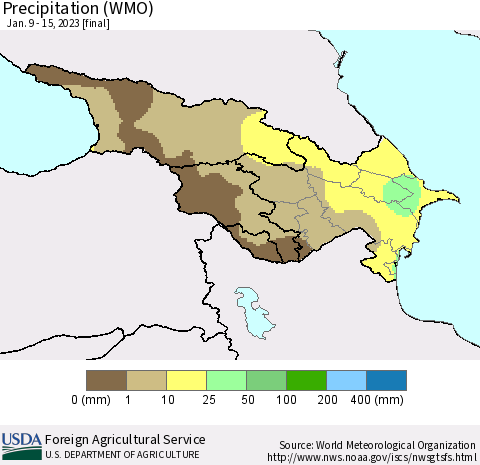 Azerbaijan, Armenia and Georgia Precipitation (WMO) Thematic Map For 1/9/2023 - 1/15/2023