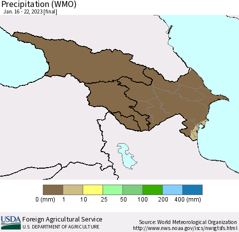 Azerbaijan, Armenia and Georgia Precipitation (WMO) Thematic Map For 1/16/2023 - 1/22/2023