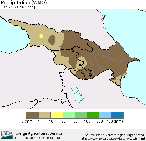 Azerbaijan, Armenia and Georgia Precipitation (WMO) Thematic Map For 1/23/2023 - 1/29/2023