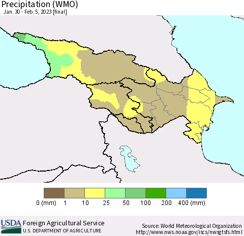 Azerbaijan, Armenia and Georgia Precipitation (WMO) Thematic Map For 1/30/2023 - 2/5/2023