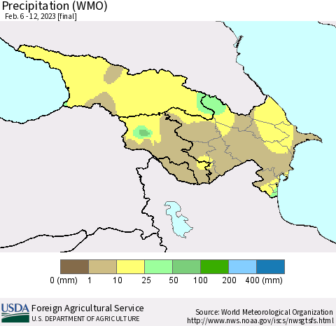 Azerbaijan, Armenia and Georgia Precipitation (WMO) Thematic Map For 2/6/2023 - 2/12/2023