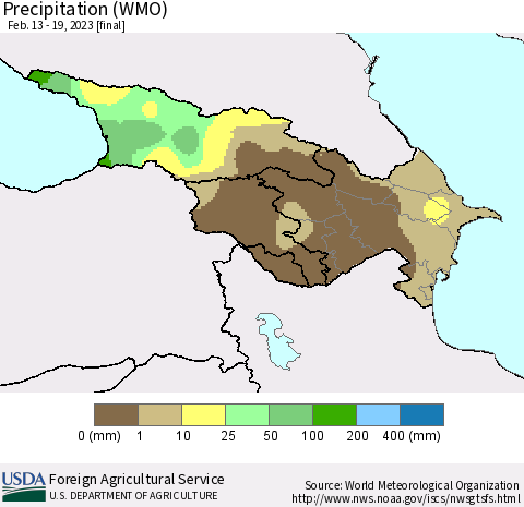 Azerbaijan, Armenia and Georgia Precipitation (WMO) Thematic Map For 2/13/2023 - 2/19/2023