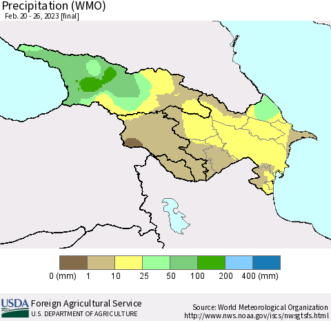 Azerbaijan, Armenia and Georgia Precipitation (WMO) Thematic Map For 2/20/2023 - 2/26/2023