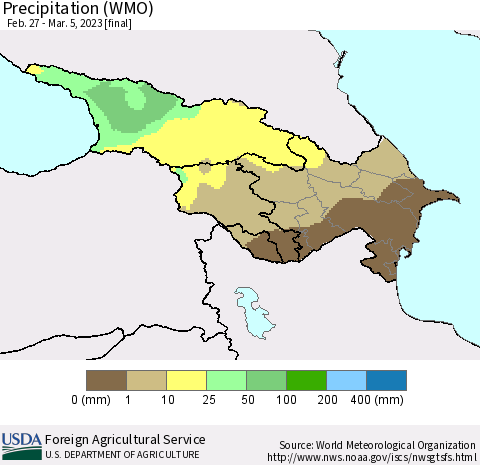 Azerbaijan, Armenia and Georgia Precipitation (WMO) Thematic Map For 2/27/2023 - 3/5/2023