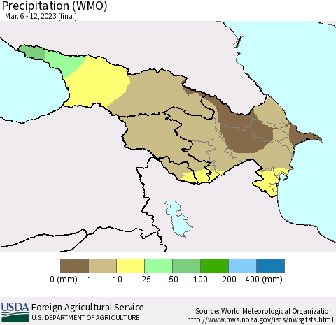 Azerbaijan, Armenia and Georgia Precipitation (WMO) Thematic Map For 3/6/2023 - 3/12/2023