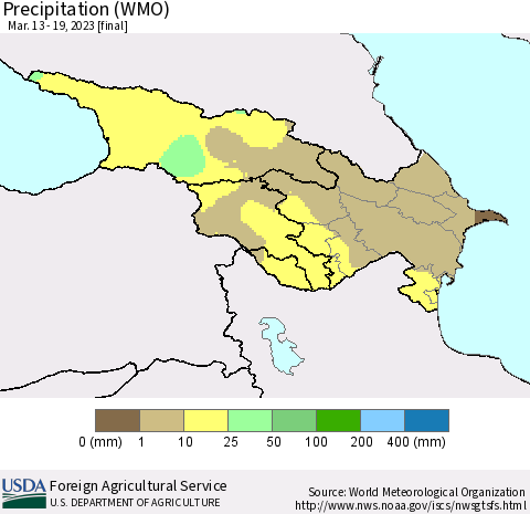 Azerbaijan, Armenia and Georgia Precipitation (WMO) Thematic Map For 3/13/2023 - 3/19/2023