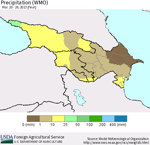 Azerbaijan, Armenia and Georgia Precipitation (WMO) Thematic Map For 3/20/2023 - 3/26/2023