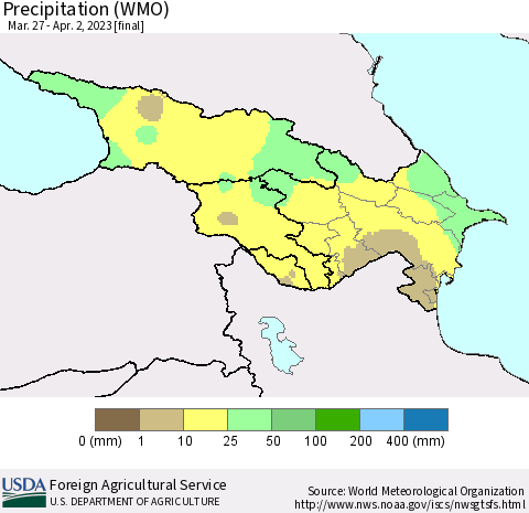 Azerbaijan, Armenia and Georgia Precipitation (WMO) Thematic Map For 3/27/2023 - 4/2/2023