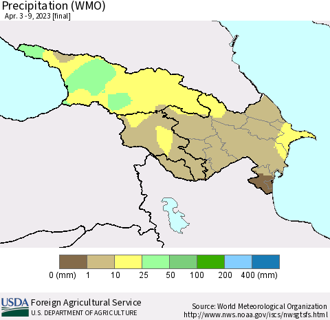 Azerbaijan, Armenia and Georgia Precipitation (WMO) Thematic Map For 4/3/2023 - 4/9/2023