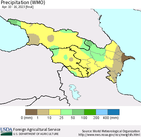Azerbaijan, Armenia and Georgia Precipitation (WMO) Thematic Map For 4/10/2023 - 4/16/2023