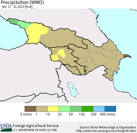 Azerbaijan, Armenia and Georgia Precipitation (WMO) Thematic Map For 4/17/2023 - 4/23/2023