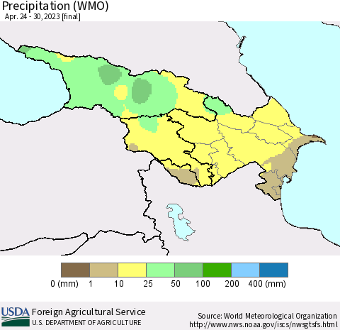Azerbaijan, Armenia and Georgia Precipitation (WMO) Thematic Map For 4/24/2023 - 4/30/2023