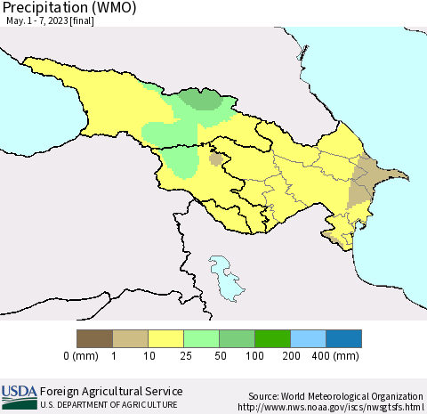 Azerbaijan, Armenia and Georgia Precipitation (WMO) Thematic Map For 5/1/2023 - 5/7/2023