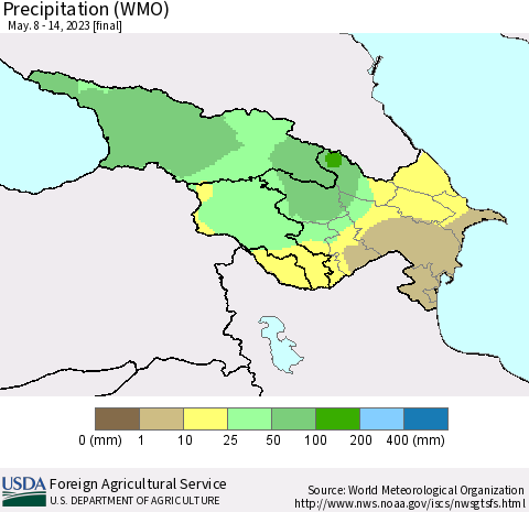 Azerbaijan, Armenia and Georgia Precipitation (WMO) Thematic Map For 5/8/2023 - 5/14/2023
