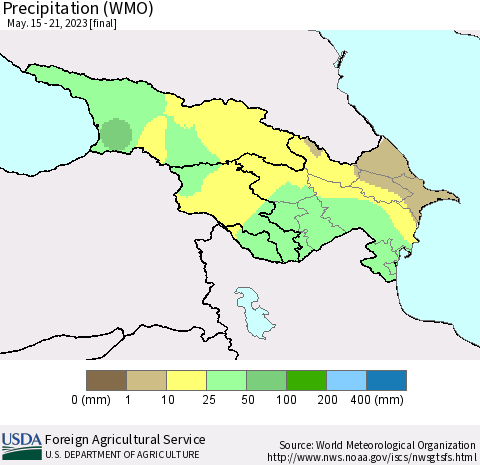 Azerbaijan, Armenia and Georgia Precipitation (WMO) Thematic Map For 5/15/2023 - 5/21/2023