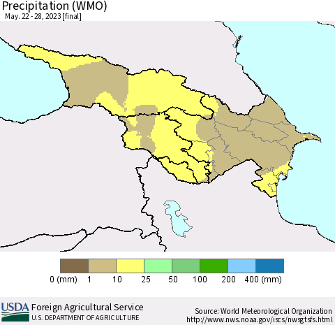 Azerbaijan, Armenia and Georgia Precipitation (WMO) Thematic Map For 5/22/2023 - 5/28/2023