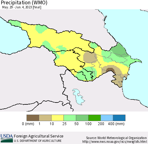 Azerbaijan, Armenia and Georgia Precipitation (WMO) Thematic Map For 5/29/2023 - 6/4/2023