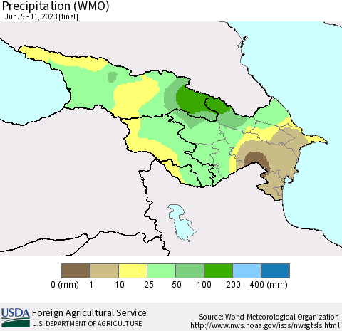 Azerbaijan, Armenia and Georgia Precipitation (WMO) Thematic Map For 6/5/2023 - 6/11/2023
