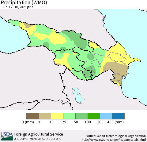 Azerbaijan, Armenia and Georgia Precipitation (WMO) Thematic Map For 6/12/2023 - 6/18/2023