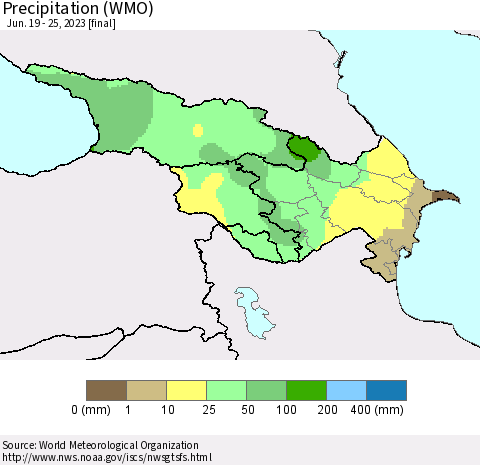 Azerbaijan, Armenia and Georgia Precipitation (WMO) Thematic Map For 6/19/2023 - 6/25/2023