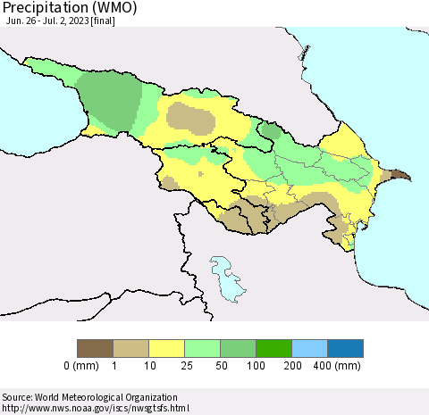 Azerbaijan, Armenia and Georgia Precipitation (WMO) Thematic Map For 6/26/2023 - 7/2/2023