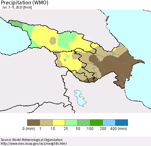 Azerbaijan, Armenia and Georgia Precipitation (WMO) Thematic Map For 7/3/2023 - 7/9/2023