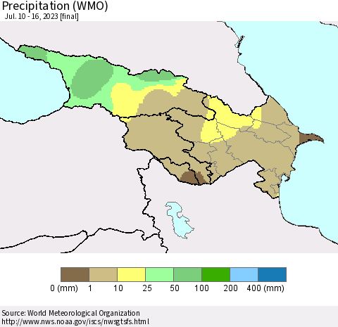 Azerbaijan, Armenia and Georgia Precipitation (WMO) Thematic Map For 7/10/2023 - 7/16/2023