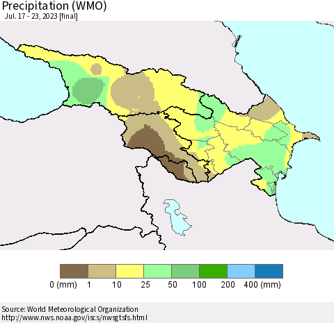 Azerbaijan, Armenia and Georgia Precipitation (WMO) Thematic Map For 7/17/2023 - 7/23/2023