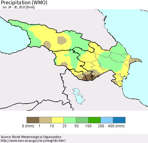 Azerbaijan, Armenia and Georgia Precipitation (WMO) Thematic Map For 7/24/2023 - 7/30/2023
