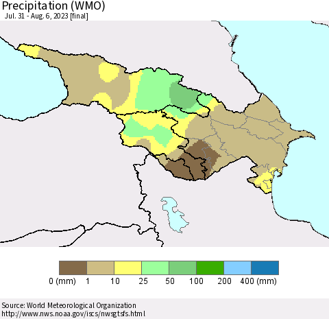 Azerbaijan, Armenia and Georgia Precipitation (WMO) Thematic Map For 7/31/2023 - 8/6/2023