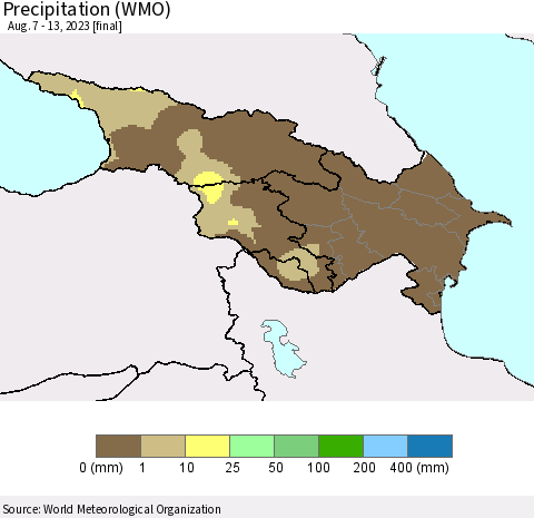 Azerbaijan, Armenia and Georgia Precipitation (WMO) Thematic Map For 8/7/2023 - 8/13/2023