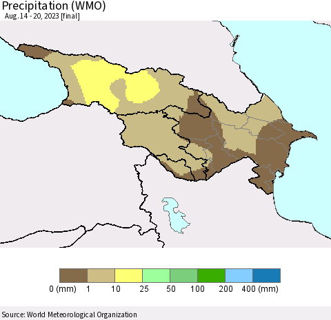 Azerbaijan, Armenia and Georgia Precipitation (WMO) Thematic Map For 8/14/2023 - 8/20/2023